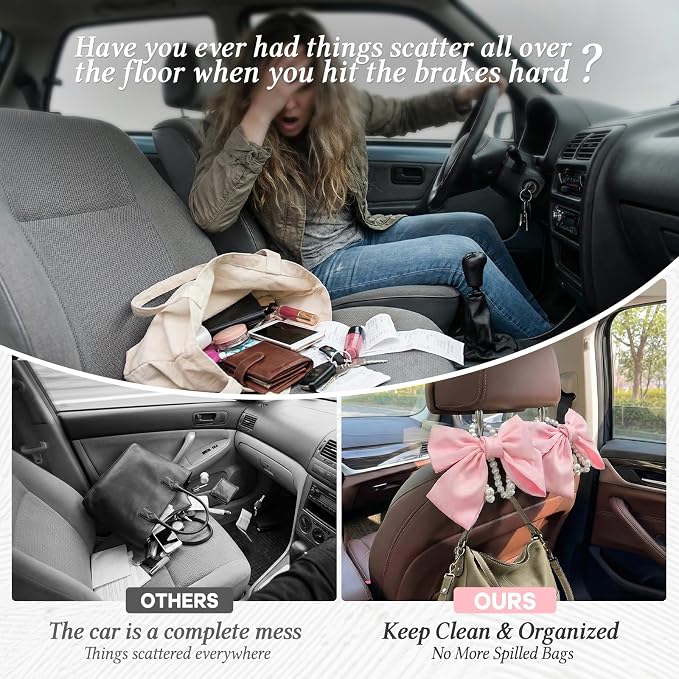 2PCS Satin Bow Pearl Car Seat Headrest Hooks – Car Bag Holder & Vehicle Hanger for Purses – Cute Coquette Aesthetic Interior Decoration – Cute Auto Organizer Accessories Universal (Pink)