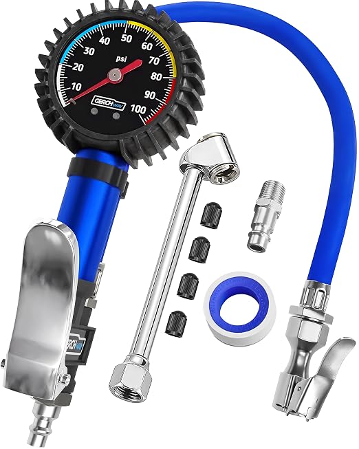 Tire Inflator with Pressure Gauge and Longer Hose - Most Accurate, Heavy Duty Air Chuck with Gauge for Air Compressor Tire Inflator Attachment - 100PSI
