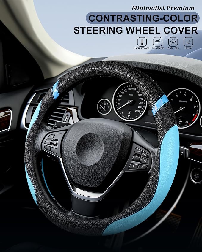 Universal Leather Steering Wheel Cover for Women Steering Wheel Cover for Car 15 inch (Blue)