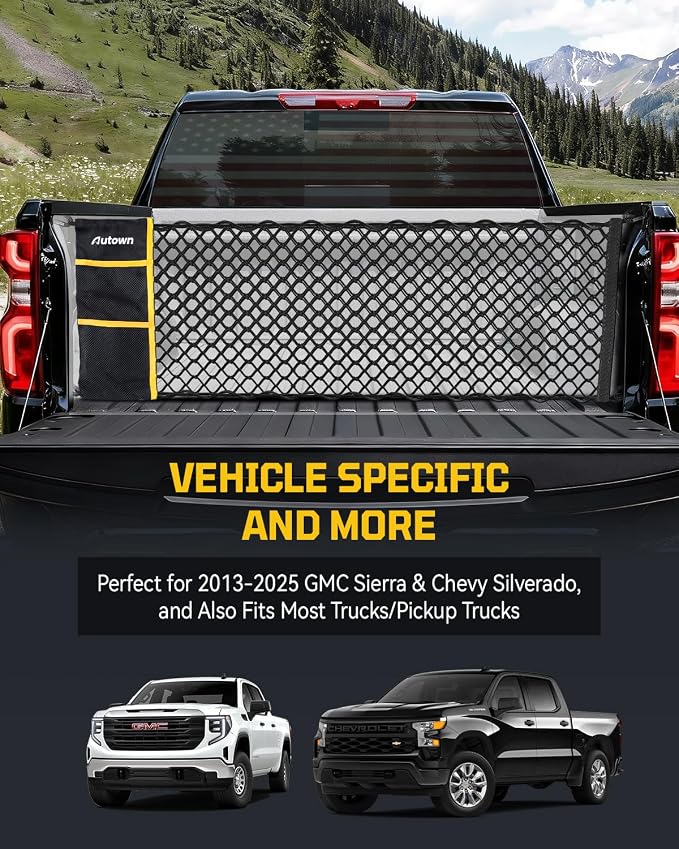 AUTOWN Truck Bed Cargo Net, Envelope Bed Netting for 2013-2025 GMC Sierra & Chevy Silverado, Pickup Truck Bed Organizer with 5mm Bungee & Integrated Storage Bag & Bungee Balls & Carabiners - 18" x 50"