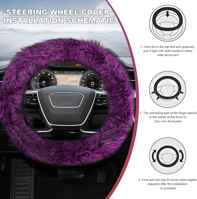 Fluffy Steering Wheel Cover, 15 Inch Anti-Slip Microfiber Plush Fuzzy Steering Wheel Cover, Winter Warm Elastic Fuzzy Steering Wheel Covers for Women and Men, Car Accessories (Purple)