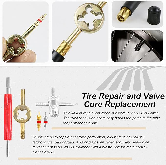 70Pcs Tire Patch Kit Heavy Duty, Tire Roller, Liner Scraper, Rubber Repair Patches, Valve Core Removal Tool with Tire Valve Caps, 4-Way Valve Tool and Valve Core Wrench
