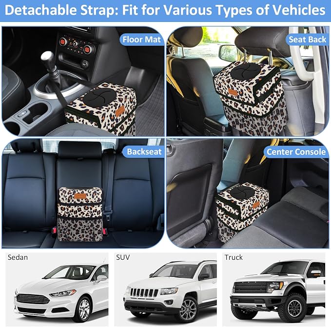 ELONGRIVER Car Trash Can Bin for Back Seat Leak Proof, Cute Car Trash Bag Hanging, Vehicle Trash Can for SUV Truck Van, Automotive Garbage Cans Front Seat Leopard Print, 2 Gallons