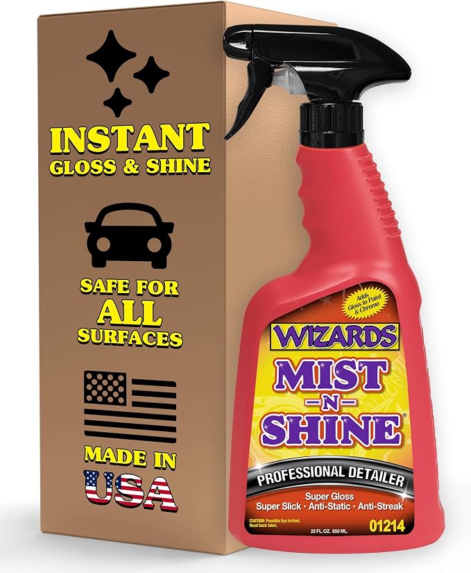 Wizards Mist-N-Shine Quick Detailer Spray - Waterless Wash - 22 oz | Anti-Static Formula for Paint, Chrome, Glass, Plastic, and Rubber Trim, Wax-Free, No Petroleum Solvents, Cars, Bikes, Boats