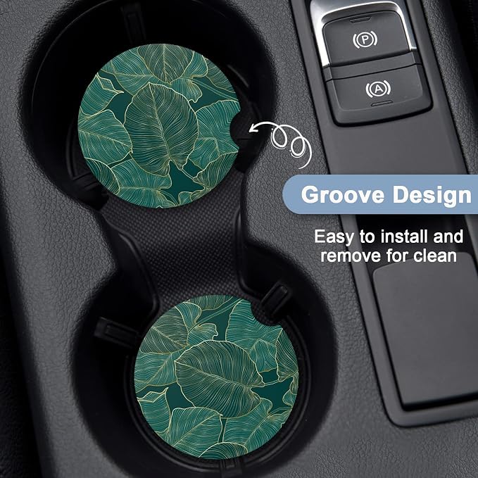 Nipichsha Car Coasters for Cup Holders, 2 Pack Absorbent Ceramic Car Cup Holder Coaster for Drinks, Cute Auto Assecories for Women, Universal Size 2.56 in with Finger Notch & Cork Base, Tropical Leaf