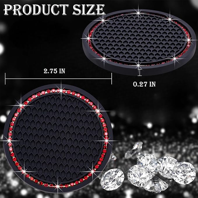 4PCS Bling Cup Holder Coaster, 2.75 Inch Auto Car Cup Holder Insert Coasters, Soft Silicone Anti-Slip Shockproof, Universal Vehicle Interior Accessories for Women Girls (Black & Red)