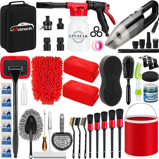 46Pcs Car Wash Cleaning Kit with Foam Gun Sprayer Detailing Brushes Car Vacuum Collapsible Bucket Windshield Cleaning Tool Tire Brush Towels Complete Interior Exterior Detailing Set for Car