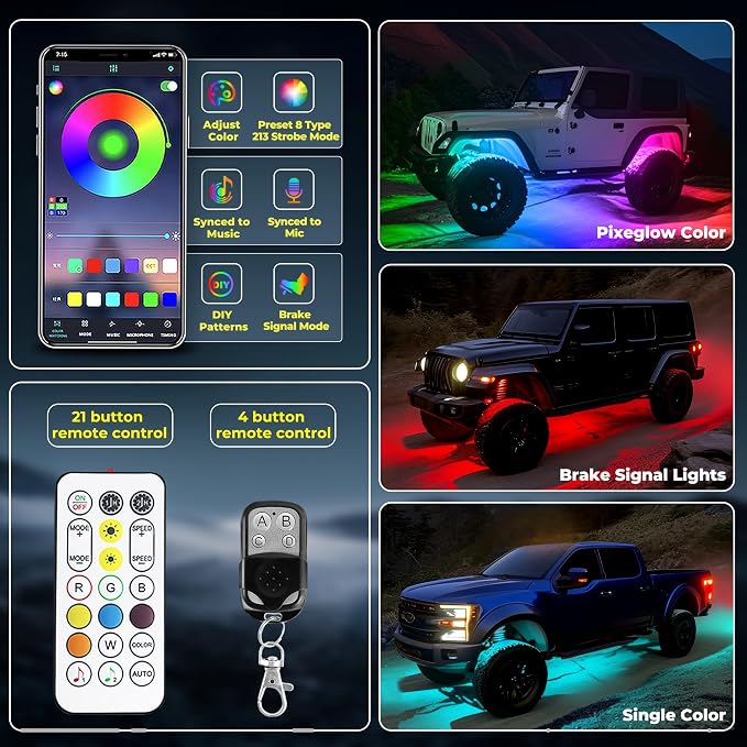 4 Pods 84 LEDs 5 Sides RGB Rock Lights, App/Remote Control Rock Lights for Trucks, Waterproof Multi-Color Bright Underglow Kits, Music Mode, Compatible with 12V Jeep UTV SUV ATV Golf RZR(Patented)