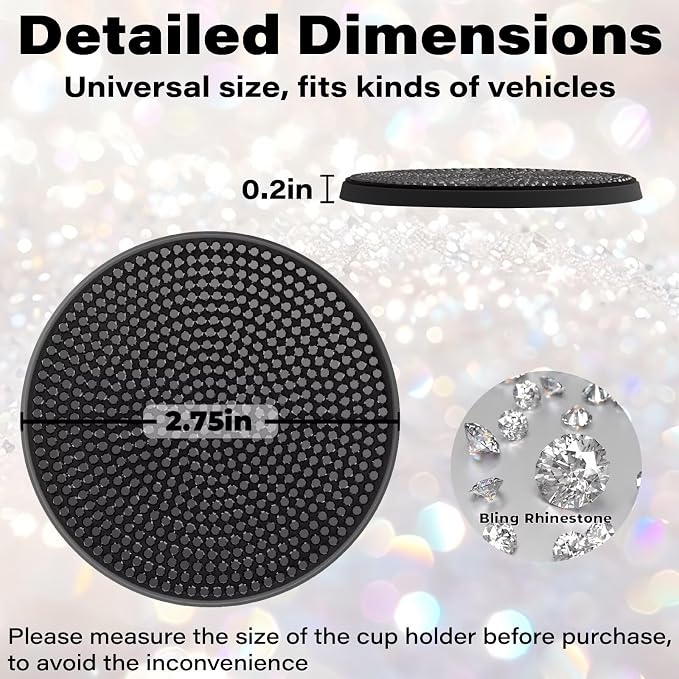BFXM 4 PCS Bling Cup Holder Coaster, 2.75 inch Diamond Universal Non-Slip Silicone Cup Holder Coasters, Sparkly Bling Car Accessories for Women (Black)