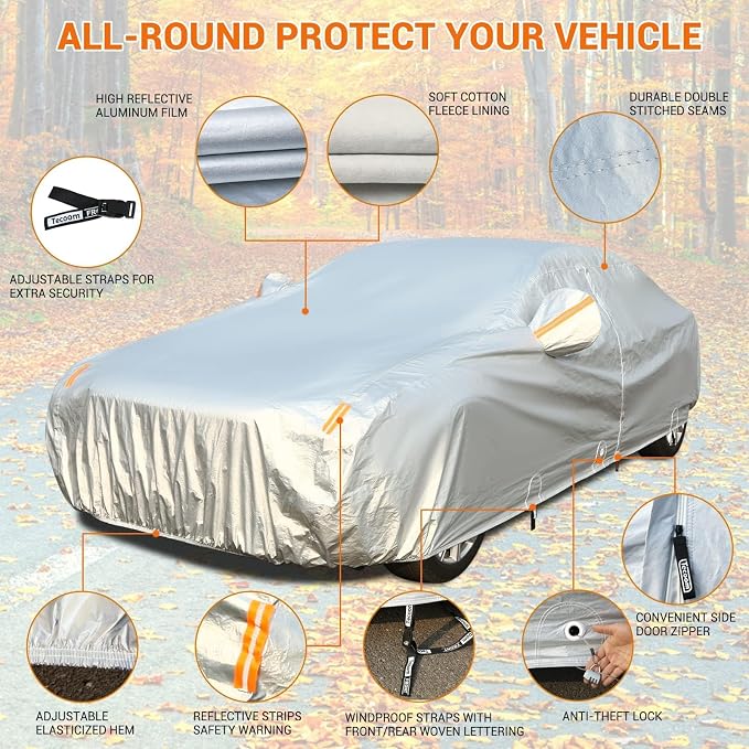 Tecoom Waterproof All Weather Car Cover, 3-Layer Fleece Lined Covers with Zipper Door & Lock, Full Exterior Wind Rain Snow Sun Hail Protection, Fit for Sedan (191"–200")