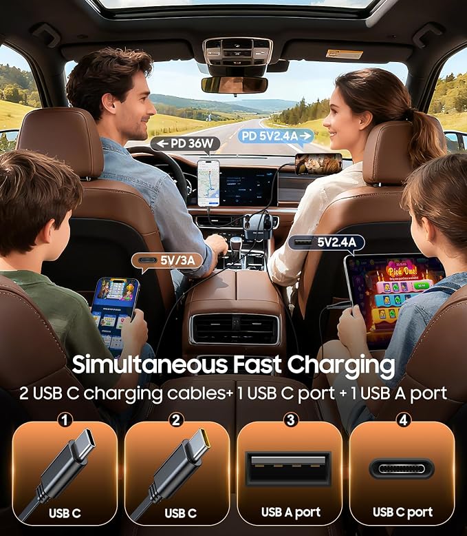 Retractable Car Charger, 4 in 1 Fast Charger USB C Car Truck Accessories for Men Women, Car Accessories for Valentines Day Gifts for Him Her, for iPhone 17 Pro Max/16 Pro Max/15 Pro Max,Galaxy