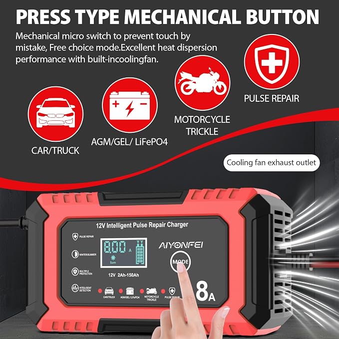 12V Battery Charger 8-Amp Smart Trickle Charger, Red | Battery Maintainer and Desulfator, Temperature Compensation, for Car, Truck, SUV, Motorcycle, Boat, Lead Acid, LiFePO4 ﻿