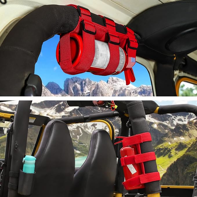 Voodonala Adjustable Roll Bar Fire Extinguisher Mount Holder 3 lb for Jeep Wrangler Unlimited CJ YJ LJ TJ JK JKU JL JLU 4XE,Red with USA Flag Pattern