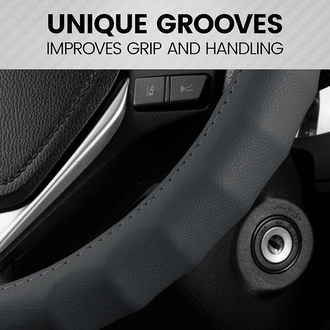 BDK Genuine Gray Leather Steering Wheel Cover for Car, Small 13.5-14 inch – Ergonomic Comfort Grip for Men & Women, Car Steering Wheel Cover for Vehicles with Small Steering Wheels