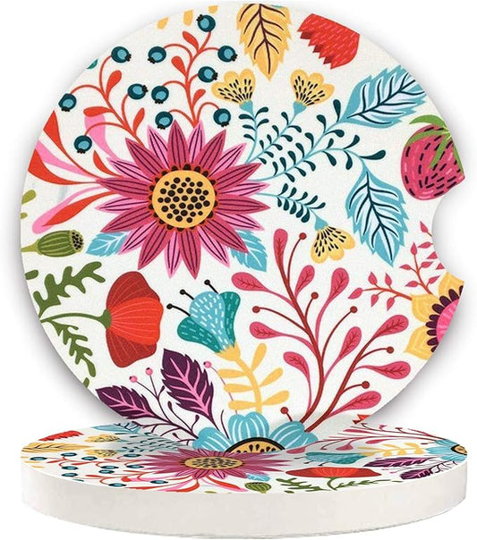 Sunflower Small 2.56" Absorbent Auto Coasters 2 Pack, Ceramic Car Accessories, Absorb Spills to Keep Cupholders Clean