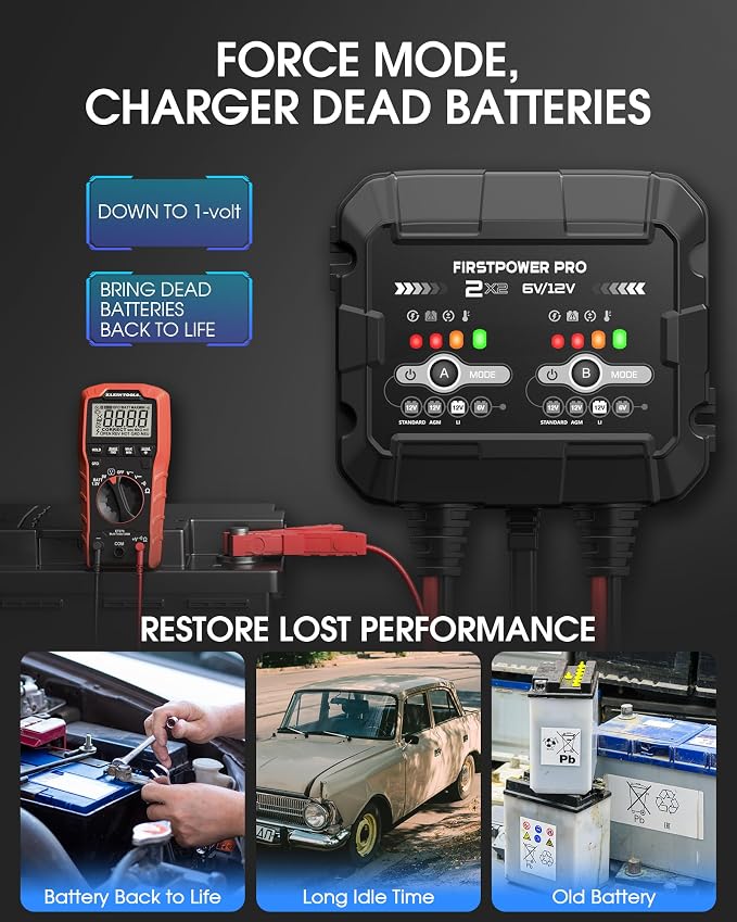 2-Bank, 4A (2A/Bank) Trickle Charger for Car Battery, 12V 6V Car Battery Charger, Automotive Battery Trickle Charger, Maintainer, for Motorcycle Lawn Mower AGM, Lithium Batteries