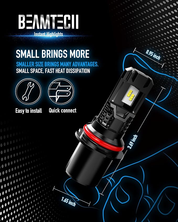 BEAMTECH Bulb, 9007 Light Bulbs Powersports, 6500K Fanless in Line, of 2 | Windless, Directly Insert, 1:1 Size, 50,000hrs+ Lifespan, Hi/Low