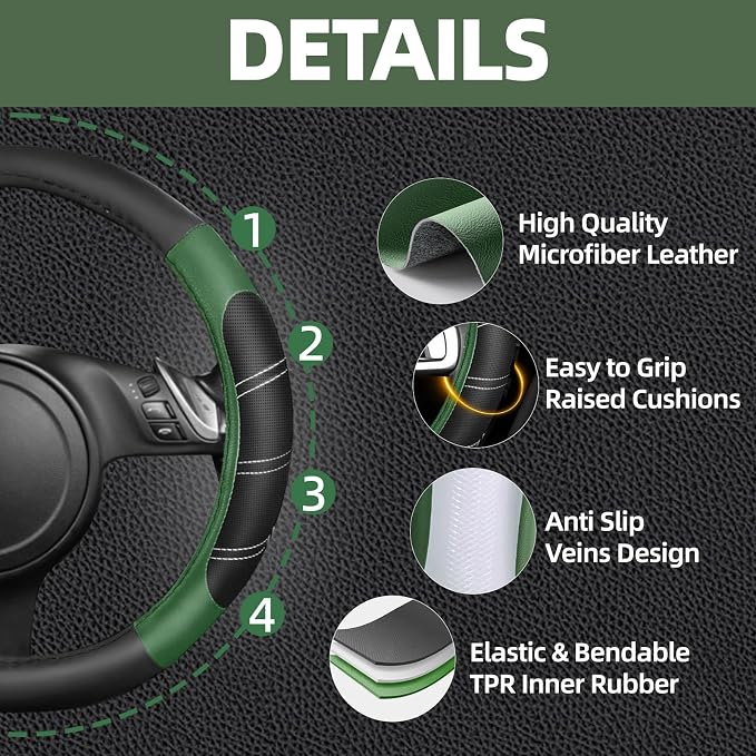 NBTEPEM 6 Pcs Green Car Accessories Set, Sport Leather Steering Wheel Cover 14.5-15inch Universal, Microfiber Leather Car Center Console Cover, Seat Belt Cushion, Cup Holder Coaster (Black-Green)