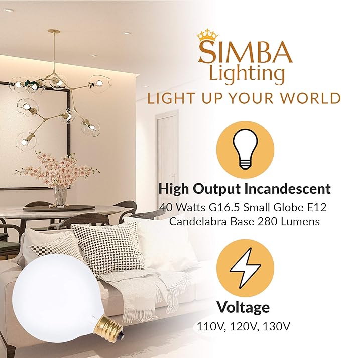 Simba Lighting Small Globe G16.5 40W E12 Frosted Glass 120V, 2700K, 10 Pack | Round Bulb, Candelabra Base, for Chandelier, Ceiling Fan Light, Decorative Vanity Lights, Wall Sconce, Warm White Dimmable