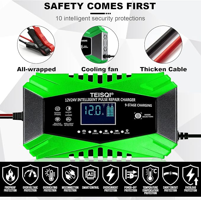 Battery Charger,12-Amp 12V/24V Smart Battery Trickle Charger | Automotive Battery Maintainer Desulfator,with Temperature Compensation,for Car Motorcycle Mower Lead Acid/LiFePO4