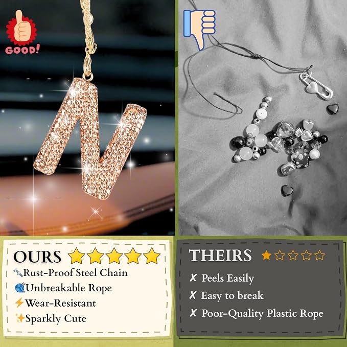 Bling Car Accessories for Women Letter Charm, Rainbow Crystal Rearview Mirror Pendant, Cute Diamond Rhinestone Car Decor, Lucky Gift for Women(N, Champagne Gold)