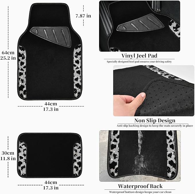 CAR PASS Bling Cow Car Mats Rhinestones Diamond Waterproof Floor Mat Crystal Sparkly Shining Glitter Carpet Anti-Slip PVC Heel Pad, Universal Fit Automotive SUV,Sedan,4pcs Girly Women, Cow Diamond