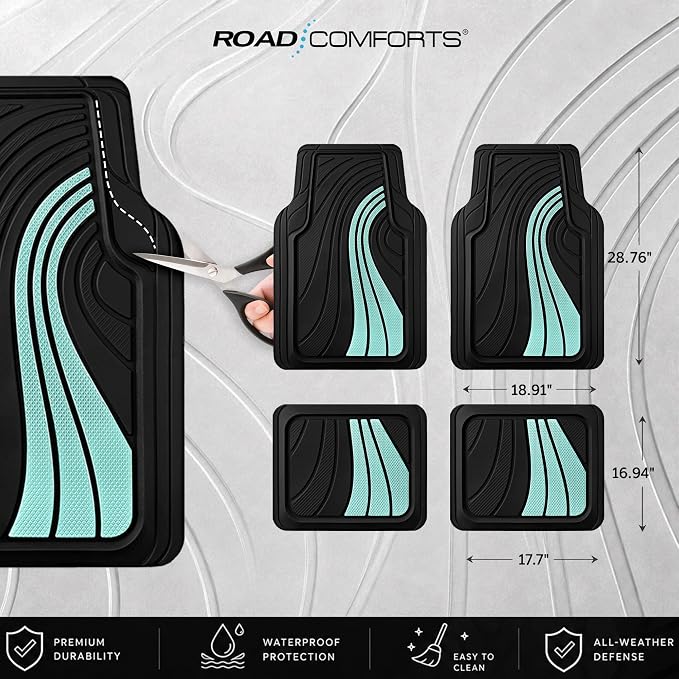 Road Comforts Car Floor Mats Full Set – Front & Rear Car Floor Mats with Aluminum Design, Anti-Slip Backing, All-Weather Protection, Trim-to-Fit Car Mats for Most Sedans, SUVs & Vans - Mint