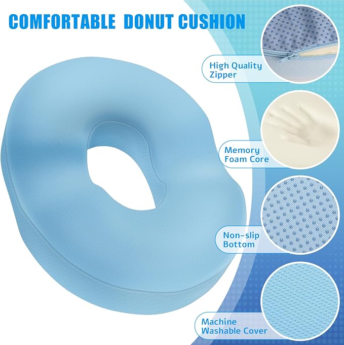 BlissTrends Donut Pillow Seat Cushion,Donut Chair Cushions for Postpartum Pregnancy & Hemorrhoids,Tailbone Pain Relief Cushion,Memory Foam Lifting Cushions for Office&Home Chairs (Light Blue)