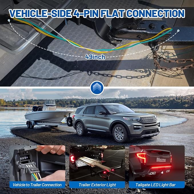 MECMO 4 Pin Vehicle Side Trailer Wiring Harness 49 Inch, 16AWG 4 Prong Trailer Light Plug Socket with Dust Cover, Truck 4 Way Flat Trailer Connector Female 4 Wire Replacement Trailer Hitch Wiring 4ft