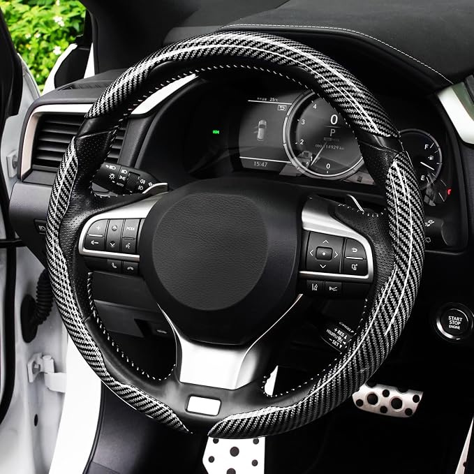 Amiss 3pcs Carbon Fiber Anti-Skid Steering Wheel Cover, Waterproof Design, Universal Fit for 14-16 Inch Car Wheel Cover, Interior Car Accessories for Jeeps, SUVs, Trucks (Glossy Black)
