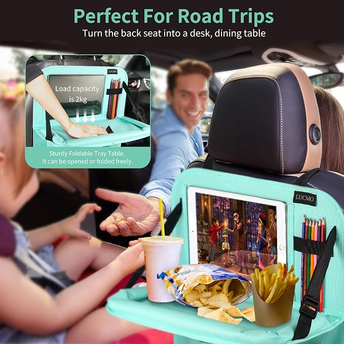 LUCMO Car Backseat Organizer with Foldable Tablet Holder, Light Blue | 2 Pcs,6 Storage Pockets,Foldable Food Tray,Protectors Kick Mats,Travel Accessories,Seat Cover,Road Trip Essentials