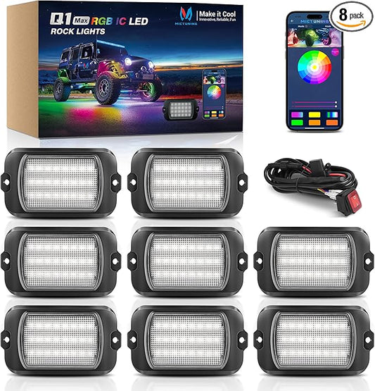 MICTUNING Q1+ MAX 8 Pods Ultra-Bright RGB Rock Lights, Multi-Color Chasing Underglow Lighting, Extensible to 24 Pods, APP Music Sync & DIY Effects, IP68 Waterproof