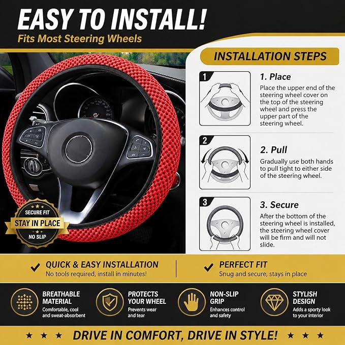 Mesh Ice Silk Cooling Car Steering Wheel Cover for Men Women,Summer Universal Breathable Stretch Anti-Slip Wheel Cover 14.5-15" for Cars, Trucks, Pickups, SUVs (Red)