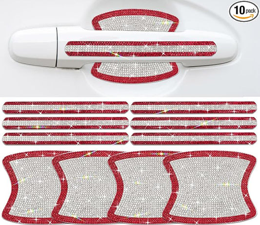 10PCS Car Door Handle Bling Rhinestones Stickers, Red & Sliver | Universal Auto Door Handle Safety Reflective Strips, Super Shine, High Light Bling Car Decoration