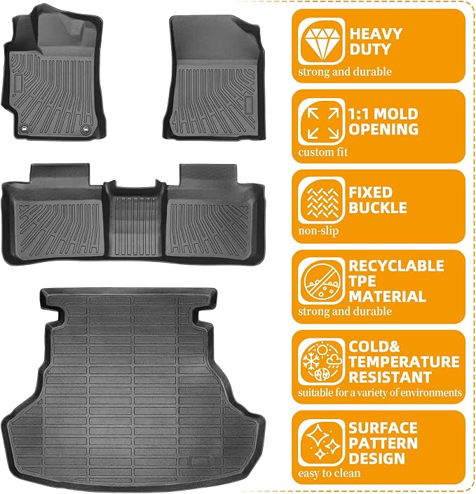 Floor Mats for Toyota Camry 2012-2017, 1st & 2nd & Cargo Liner | Custom Fit Camry LE SE XLE XSE Hybrid LE SE XLE, TPE Anti-Slip Waterproof 2012 Camry Floor Mats Car Accessories