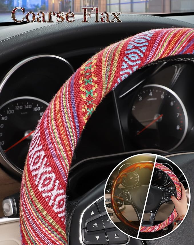 SEG Direct Boho Steering Wheel Cover, Baja Blanket Cloth, Coarse Flax | Bohemian Car Decor, Ethnic Style, Coarse Flax, Fabric Cover Fits 14 1/2-15 1/4 inches Standard Medium Size, for Women Men