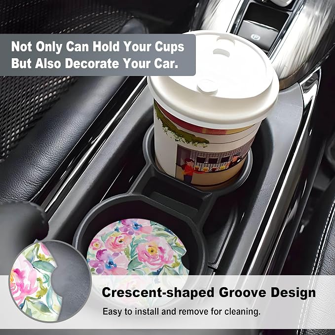 2 Pack Car Coasters for Cup Holders, 2.56" Universal Absorbent Ceramic Stone Car Cup Holder Coasters with Non-Slip Cork Base, Car Interior Accessories for Women Men(Pink Peony Floral)
