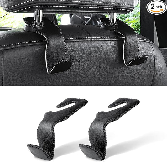 LivTee Black Superior Leather Car Seat Back Headrest Hook, Auto Seat Hook Hangers Interior Accessories for Purse Coats Umbrellas Grocery Bags Handbag, 2-Pack