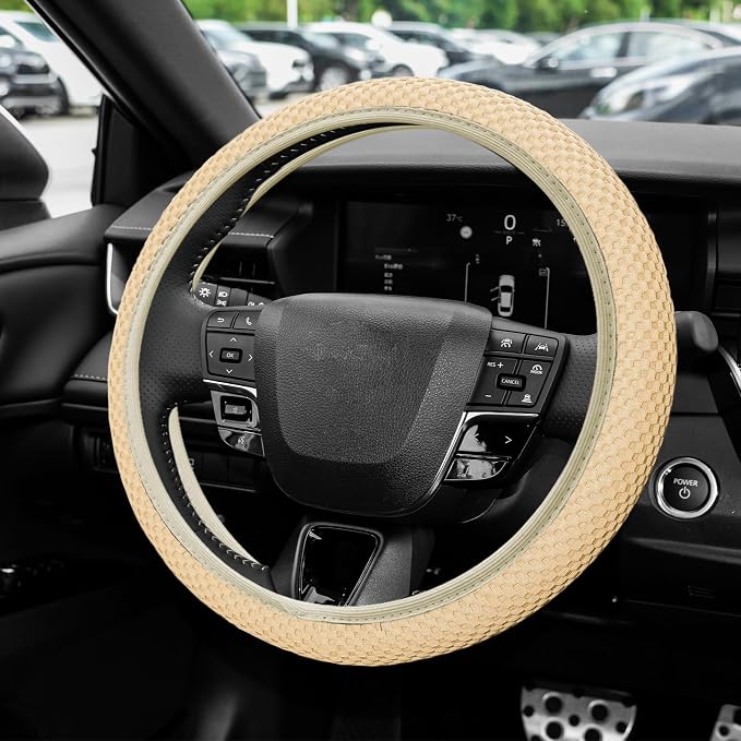 Elastic Stretch Steering Wheel Cover, Steering Wheel Protector, 15 Inch Anti-Slip Breathable Microfiber Ice Silk Protection, Easy Carry, Warm in Winter & Cool in Summer for Cars (Beige)