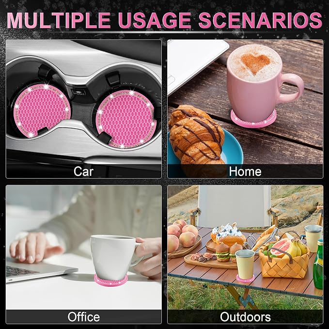 JUSTTOP Car Cup Holder Coaster, 2 Pack Universal Auto Anti Slip Cup Holder Insert Coaster, Bling Crystal Rhinestone Car Interior Accessories-Deep Pink