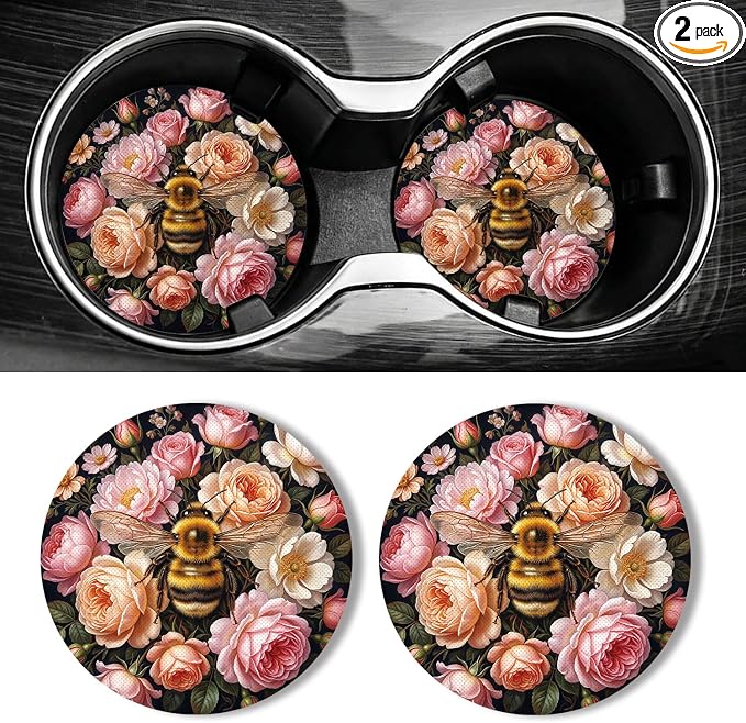 WOCOCN Car Coasters for Cup Holders - 2 Pack 2.75" Universal Rubber Car Cup Coaster, Non-Slip Waterproof Car Interior Accessories, Cute Car Decor Gifts for Women and Men (Gather Honey)