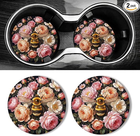 WOCOCN Car Coasters for Cup Holders - 2 Pack 2.75" Universal Rubber Car Cup Coaster, Non-Slip Waterproof Car Interior Accessories, Cute Car Decor Gifts for Women and Men (Gather Honey)