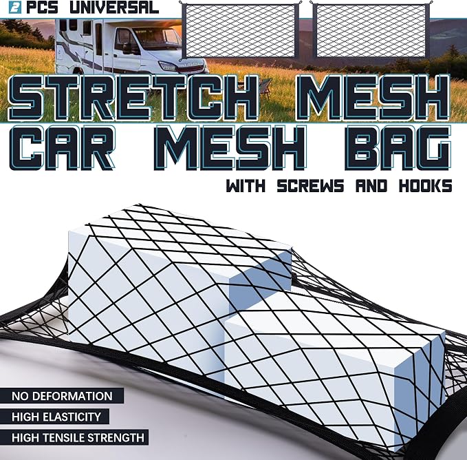 2 Pcs Universal Stretch Mesh Car Mesh Bag with Screws and Hooks for Trunk RV Boats Home Cargo Storage (17.7'' x 9.8'')