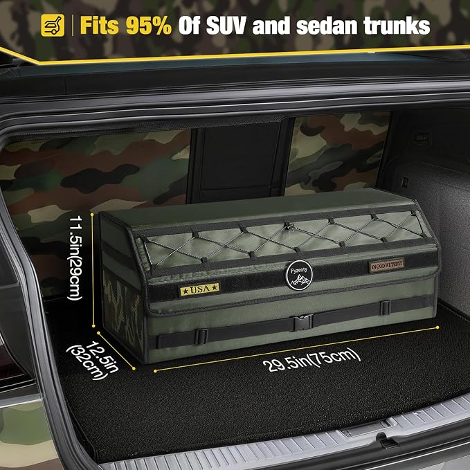 Fyzeoty Car Trunk Organizer for SUV and Sedan, Tactical‑Green, 29.5 in | Tactical & Aerospace Oxford, Extra‑Large, Hinged Lid, Collapsible & Adjustable, Water‑Resist & Dust‑Proof