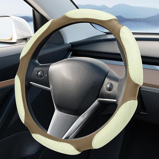Wuyaoyao Car Steering Wheel Cover, 15 Inch PU Leather Anti-Slip Steering Wheel Covers Protector with Soft Hand Pad Cushion, Breathable & Comfortable, Universal Interior Car Accessories (Beige)