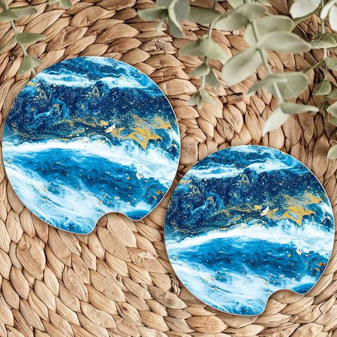 Ceramic Car Coasters – Absorbent Car Cup Holder Coaster Set for Women, Cute Aesthetic Car Accessories for Girls, 2 Pack (Sapphire Night)