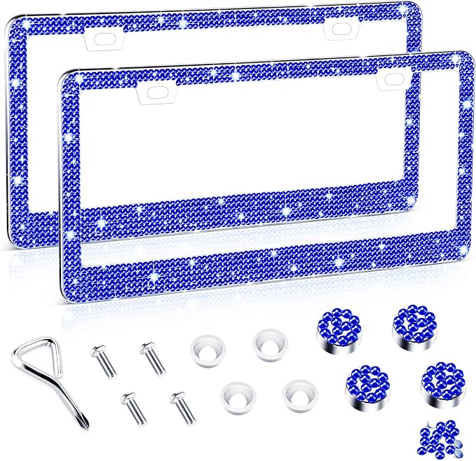Amiss Bling License Plate Frame for Women, 2Pack Rhinestone Handcrafted Crystal Premium Stainless Steel, Stainless Steel Car Decorative Accessories with Diamond Sparkle Glitter Caps (Blue)