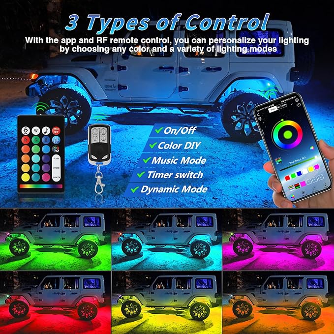 6Pods Segmented RGB LED Rock Lights Kit with APP/RF Remote Control, Upgraded Multicolor Underglow Neon Brake Light Music Mode Waterproof 12V Fender Lights for Trucks Pickup Jeep Golf Cart ATV UTV