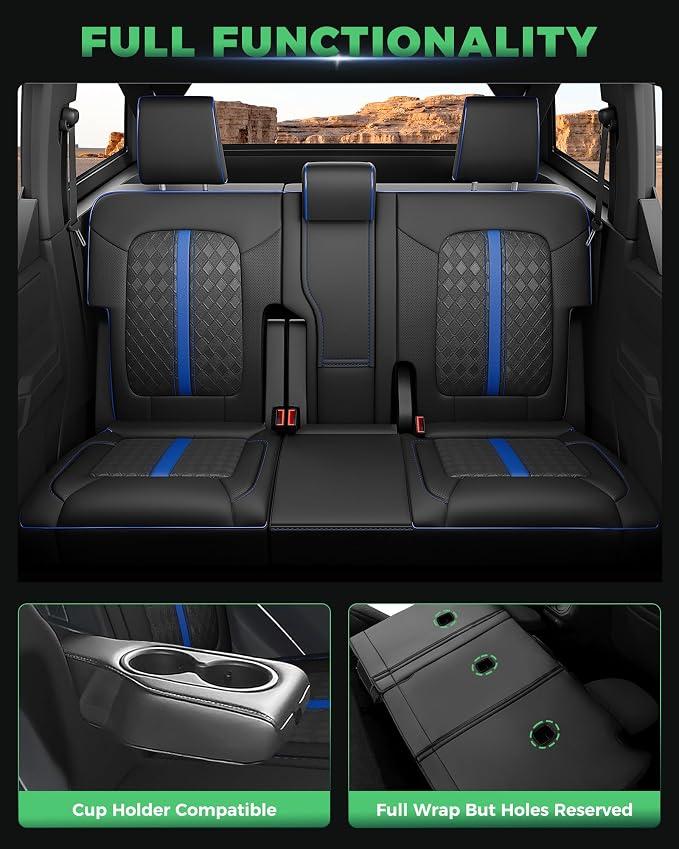 Custom Fit Leather Seat Covers for 2021-2026 Ford Bronco 4 Door | OEM fit, premium waterproof leather, full coverage, anti-slip, storage pockets, long-term durability, airbag compatible