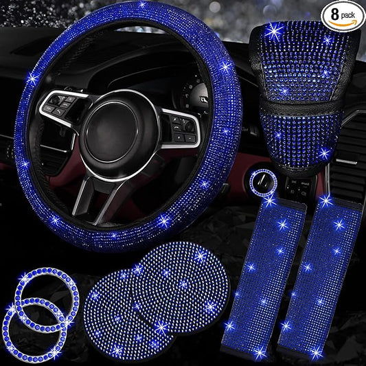 NBTEPEM 8 pcs Blue Bling Car Accessories Set for Women, Steering Wheel Cover, Sparkly Seat Belt Covers, Bling Gear Shift Cover, Universal Fit Most Cars (Blue Diamond)